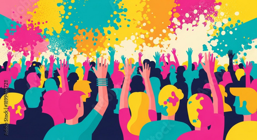 Crowd Celebrating at Music Festival with Colorful Confetti