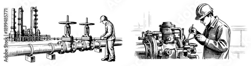 Hand drawn sketch of industrial workers performing maintenance on pipelines and machinery