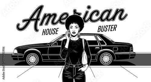 Stylish woman with afro talking on phone in front of classic American car