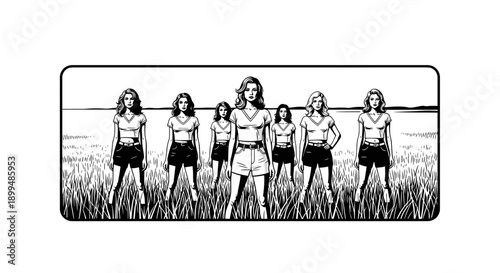 Group of young women standing in a grassy field, black and white illustration
