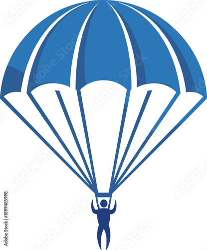 Parachute landing icon with skydiver silhouette in blue color isolated on white background safety adventure symbol