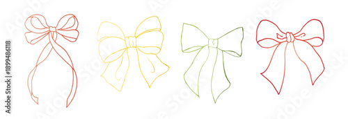 Vector set of bows with long ribbons. Graphic festive gift, hand drawn illustration isolated on background. Botanical and wedding, baby clip art. For greeting card, wallpaper, wrapping paper design