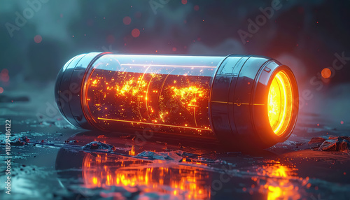Transparent Energy Cell with Internal Glowing Orange Particles and Dark Futuristic Casing