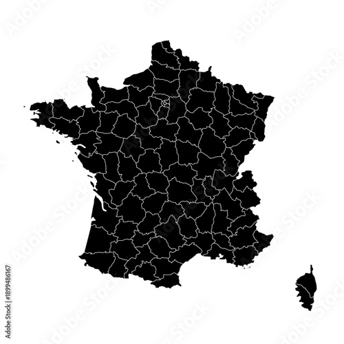 France Map Black Silhouette with White Region Outlines – Editable Layered EPS | France Outline Vector