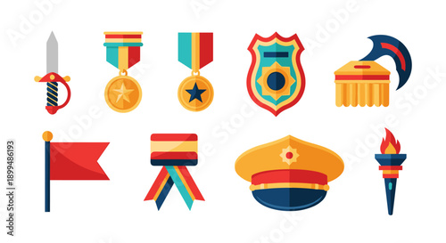 Collection of awards, symbols of honor, and official insignia on a white background