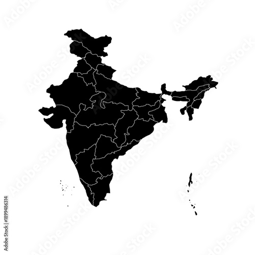India Map Black Silhouette with White Region Outlines – Editable Layered EPS | India Outline Vector