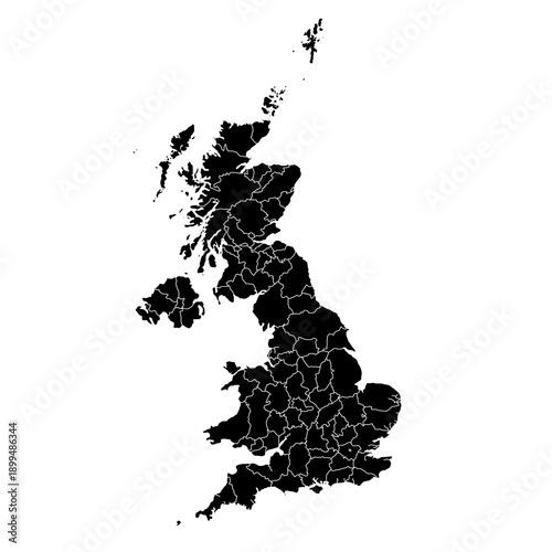 United Kingdom Map Black Silhouette with White Region Outlines – Editable Layered EPS | UK Outline Vector