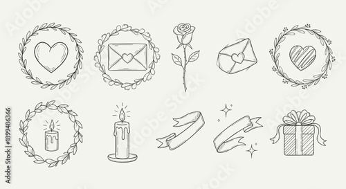 Collection of hand-drawn romantic and celebratory elements for design projects