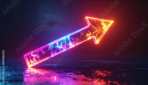 Neon Arrow Shape with Pink and Blue Glow, Futuristic Symbol, Directional Concept, Dark Reflective Surface