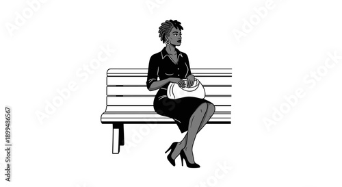 Stylish Black Woman Sitting on Park Bench Holding Handbag, Looking Away