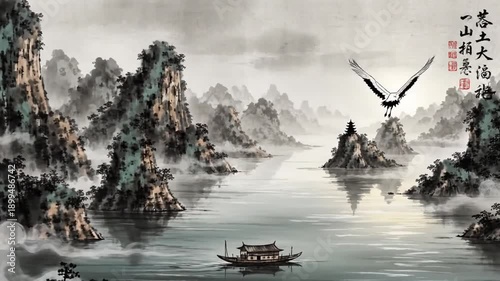 Majestic Ink Wash Landscape: Misty Mountains, Calm River, Traditional Boat & Soaring Crane in Classic Chinese Art Style