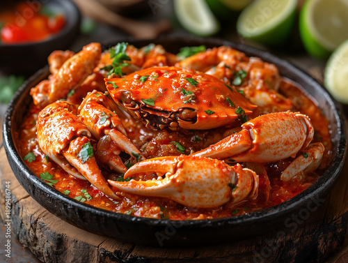 Chilli crab in black bowl on wooden cutting board with lemon background, Singaporean food.