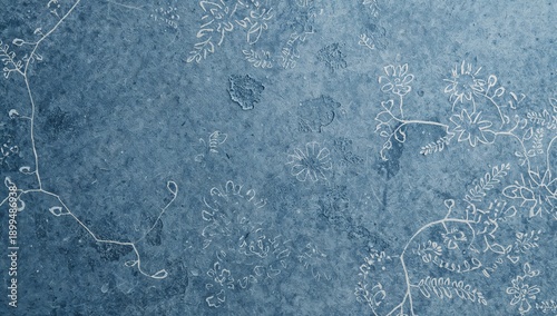 Decorative Blue Background With White Floral Patterns on Fabric or Paper