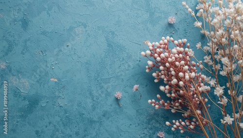 Flower Arrangement on Blue Backdrop With Decorative Elements and Soft Texture...