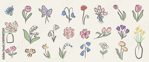 Hand drawn spring wildflower collection with sketchy floral elements, bouquets and vases. Whimsical crayon and chalk style botanical illustration in soft pastel colors. Vector isolated on background.