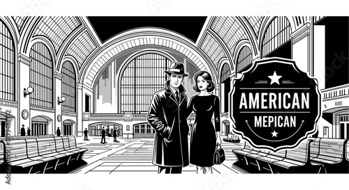 Elegant couple in vintage attire at a grand train station concourse