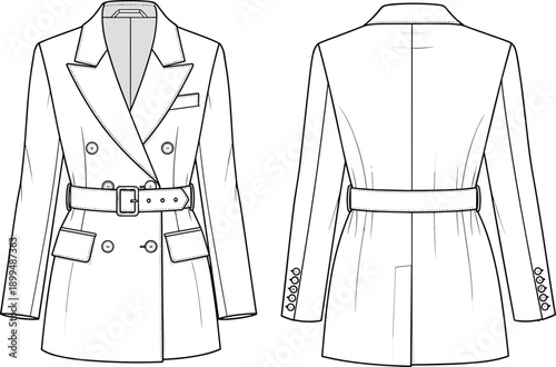 women's, trench, coat, fashion, template, technical, drawing, front, back, view, belted, double, breasted, outerwear, apparel, mockup, vector, garment, design, illustration