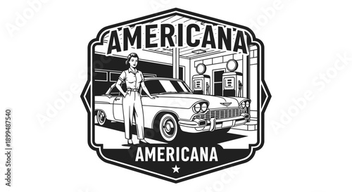 Retro Americana scene with a woman and classic car at a vintage gas station