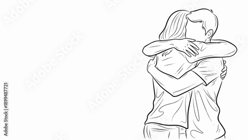 Black and white line art depicting warm embrace between two individuals, arms wrapped. Heartfelt warm embrace conveys comfort, emotional support, and connection.