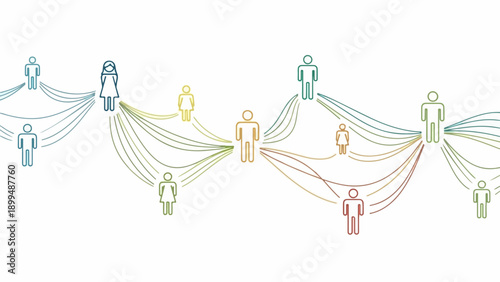 Social network illustration depicting diverse interconnected stick figures on clean white background. This expansive social network visualizes complex relationships, communication flows,