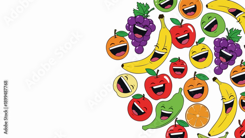 Happy fruit illustration with smiling bananas, red apples, grapes, and oranges in circular border on white background. Joyful happy fruit characters promote healthy eating, vibrant colors.