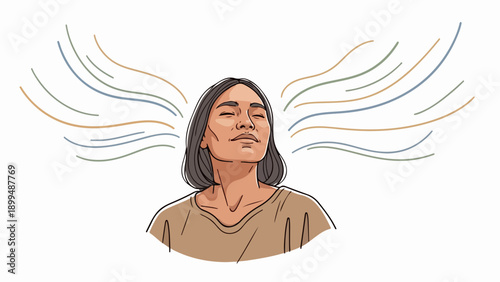 Young woman practicing mindfulness meditation, eyes closed in deep concentration with abstract wavy lines depicting sensory experience or mental clarity.