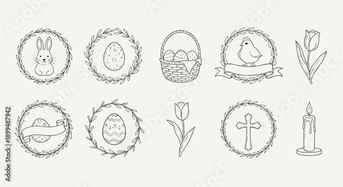 Collection of Christian symbols including cross, dove, bread, and Easter egg in hand-drawn style
