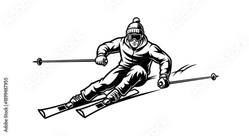 Dynamic black and white illustration of a skier in action on a snowy slope