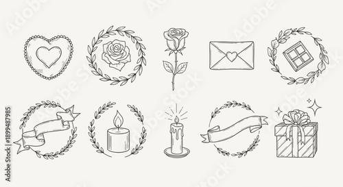 Collection of hand-drawn romantic and celebratory icons with a vintage aesthetic