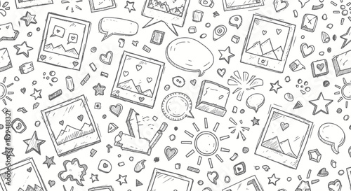 Creative Doodle Art, Photography Icons, Artistic Designs on Dark Background, Illustration Style, Playful Environment, Top View Concept