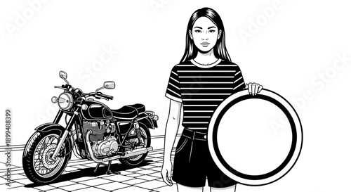 Young woman holding a blank circular sign next to a vintage motorcycle