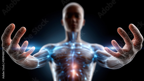 Wallpaper Mural Faceless hands holding digital human body with glowing energy field, health wellness technology visualization, biofield optimization, energetic healing representation, holistic bio Torontodigital.ca