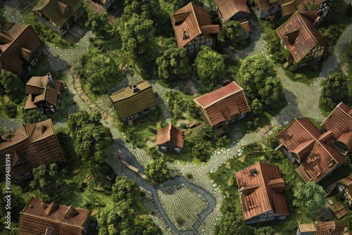 Village battlemap for DND reveals wooden cottages and blue river. Perfect for role-play, it creates a peaceful town environment for DND campaigns.