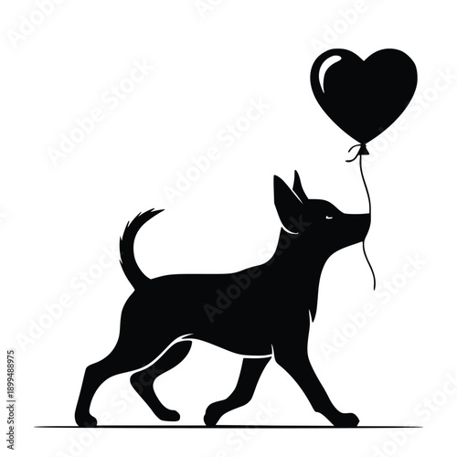 Silhouette of happy dog walking with heart shaped balloon in mouth on white background symbolizing love and companionship perfectly.