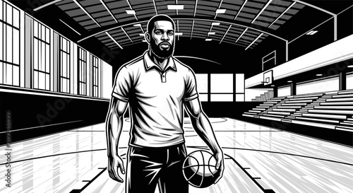 Black and white basketball player holding ball on indoor court in sports arena illustration