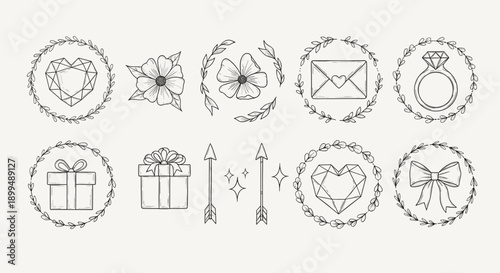 Collection of feminine icons including a tulip, heart, ribbon, dress, and butterfly	