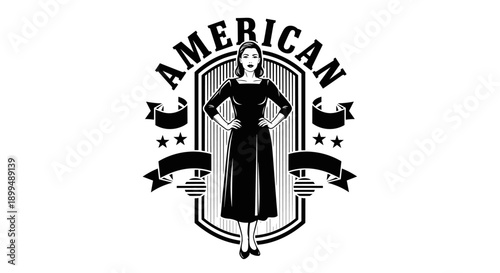 Retro American woman in elegant black dress with stars and ribbons emblem