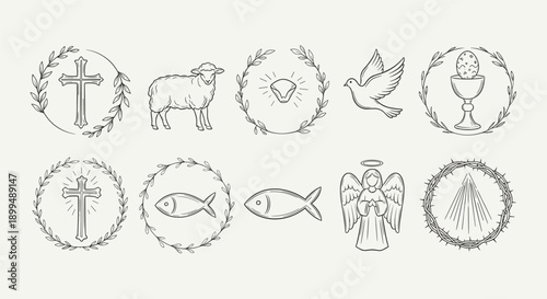Collection of Christian symbols including cross, dove, bread, and Easter egg in hand-drawn style