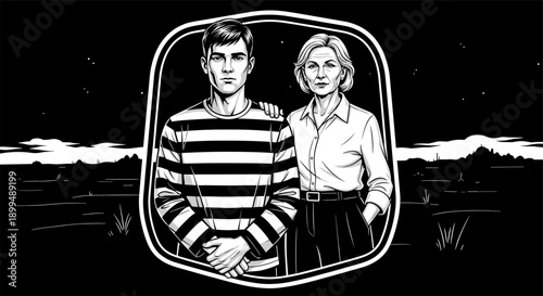 A young man in striped shirt and an older woman stand together against a dark landscape