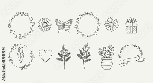 Collection of hand-drawn floral elements, butterflies, hearts, and gifts for design
