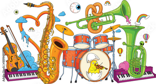 Surreal pop art musical instruments illustration featuring a melting orange saxophone, green tuba, drums with a chick playing violin, and trippy psychedelic elements for festival posters