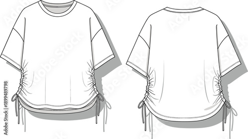 Short-sleeved top technical sketch, drawstring side seams, ruched hemline, oversized sleeve design, front and back fashion illustration
