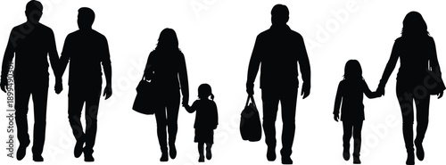 Silhouette icon set of walking people and family group, vector illustration, editable design, isolated lifestyle symbols