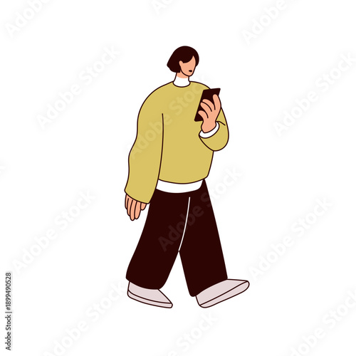 Wallpaper Mural Man walking with mobile phone in hand. Person holding smartphone, looking at screen, strolling outdoors in casual outfit. Male browsing internet. Flat vector illustration isolated on white background Torontodigital.ca