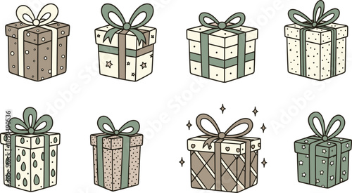 Set of cute hand drawn gift boxes with ribbons and bows in neutral earth tones featuring polka dots and stars patterns for holiday greeting cards and birthday celebrations