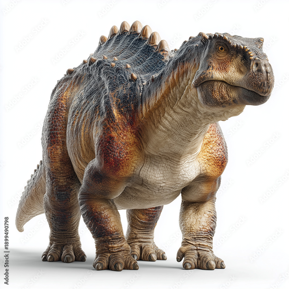 Fototapeta premium A large and heavily armored dinosaur, resembling a blend of Ankylosaurus and Stegosaurus with distinctive back plates and spikes, stands majestically on a bright white background.