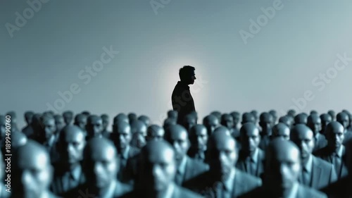 Wallpaper Mural Person stands alone among many identical figures in a dimly lit space Torontodigital.ca