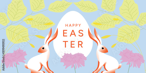 Happy Easter greeting poster with two bunny rabbits, decorated eggs, spring flowers and leaves around egg shape. Symmetric holiday concept. Flat vector illustration for card, poster, promo, sale and c