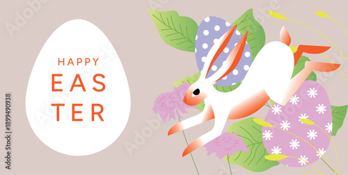 Happy Easter greeting poster with bunny rabbit jumping among decorated eggs, spring flowers and leaves. Pastel holiday concept. Flat vector illustration for card, poster, promo, sale and celebration