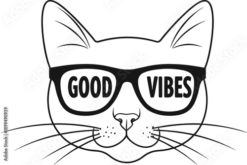 Cat face line illustration wearing sunglasses with good vibes text black white minimalist vector artwork for apparel stickers branding
